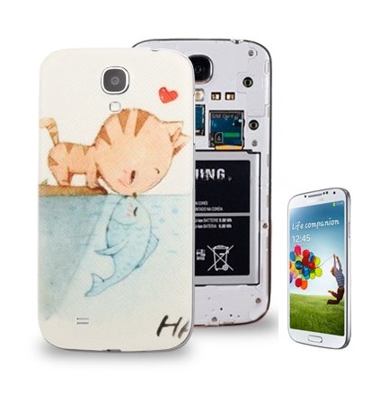 For Galaxy S IV / i9500 Embossed Cat Kiss Fish Pattern Plastic Material Battery Cover