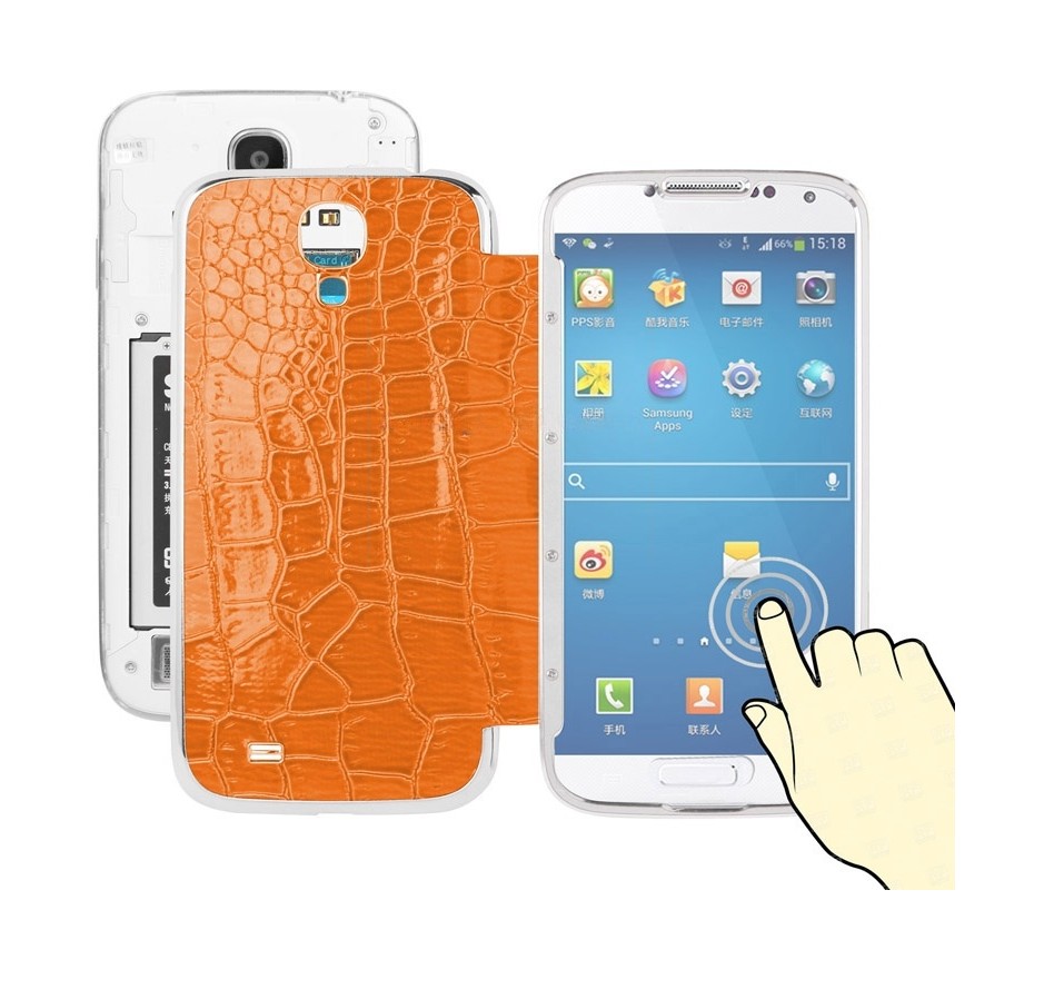 For Galaxy S IV / i9500 Crocodile Texture Leather Paste Skin Back Cover with Transparent Touch Mirror (Orange)