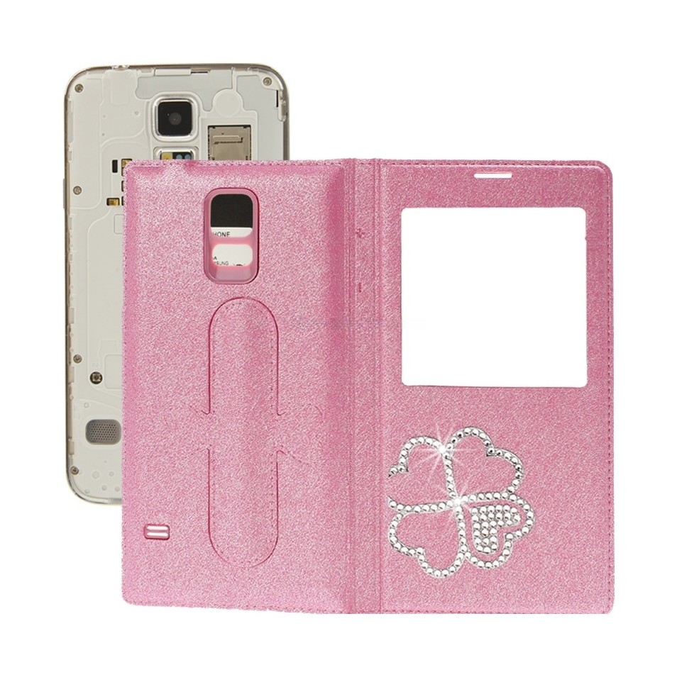 For Galaxy S5 / G900 Four Leaf Clover Diamond Flip Leather Back Cover with Call Display ID & Holder (Pink)