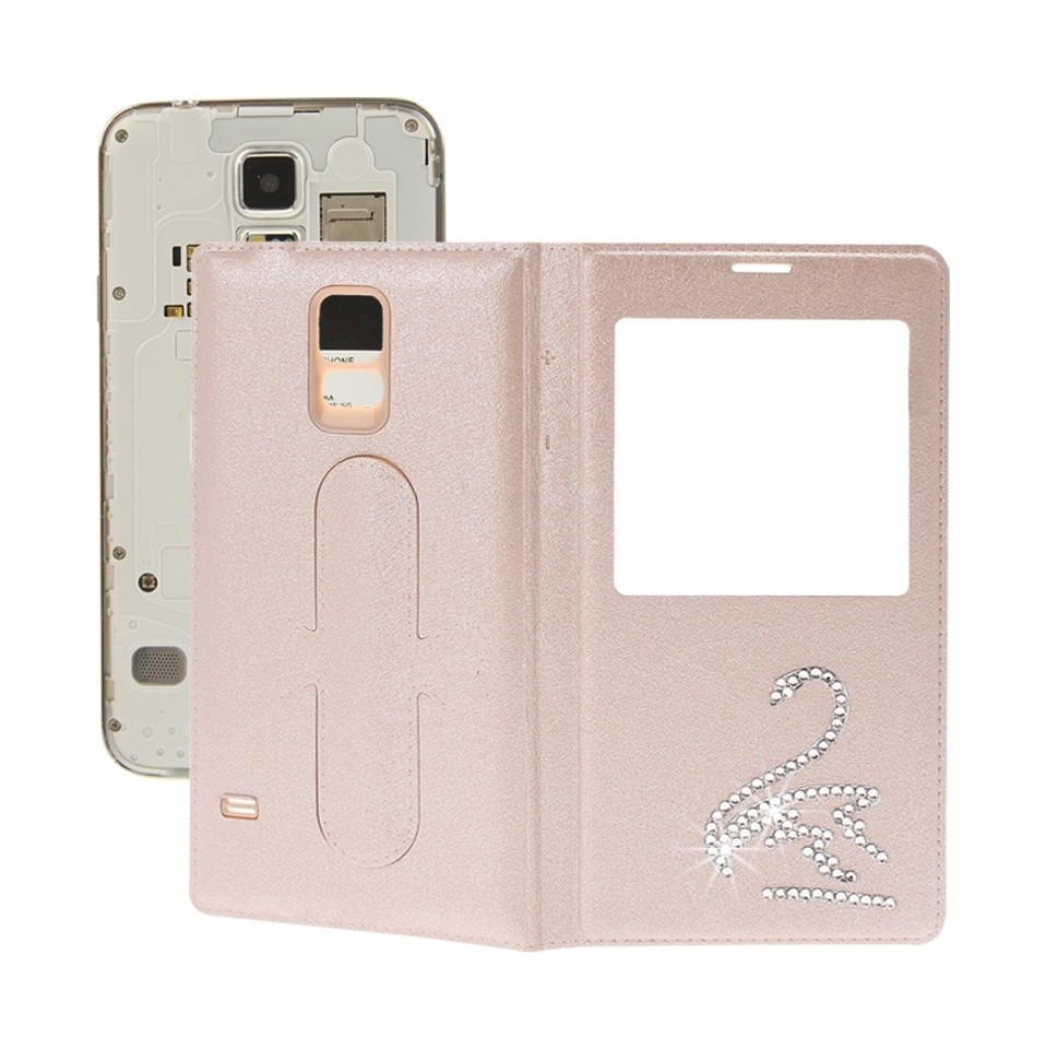 For Galaxy S5 / G900 Swan Diamond Flip Leather Back Cover with Call Display ID & Holder
