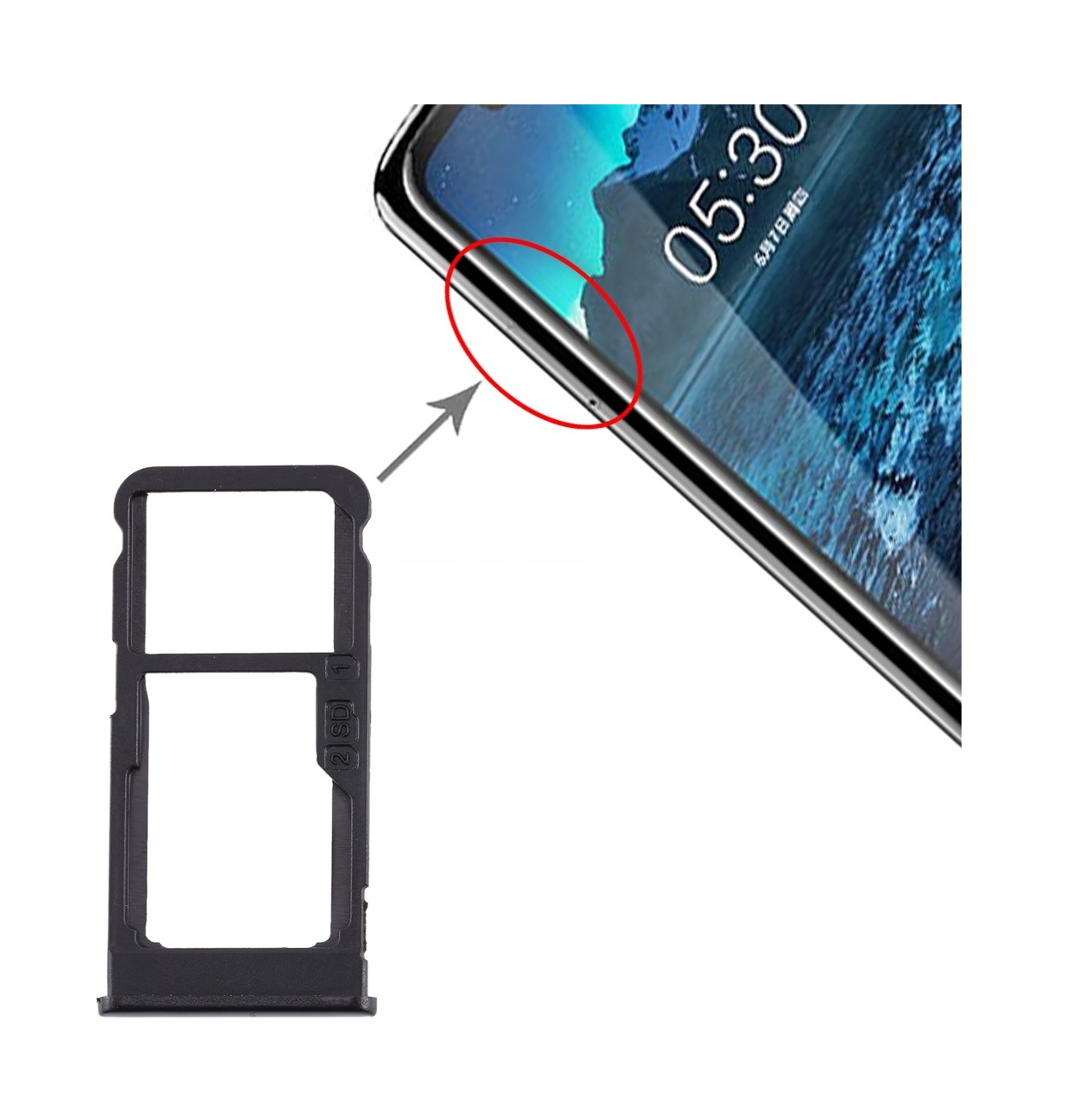 SIM Card Tray + SIM Card Tray / Micro SD Card Tray for Nokia 5.1 Plus / X5 TA-1102 TA-1105 TA-1108 TA-1109 TA-1112 TA-1120 TA-1199(Black)